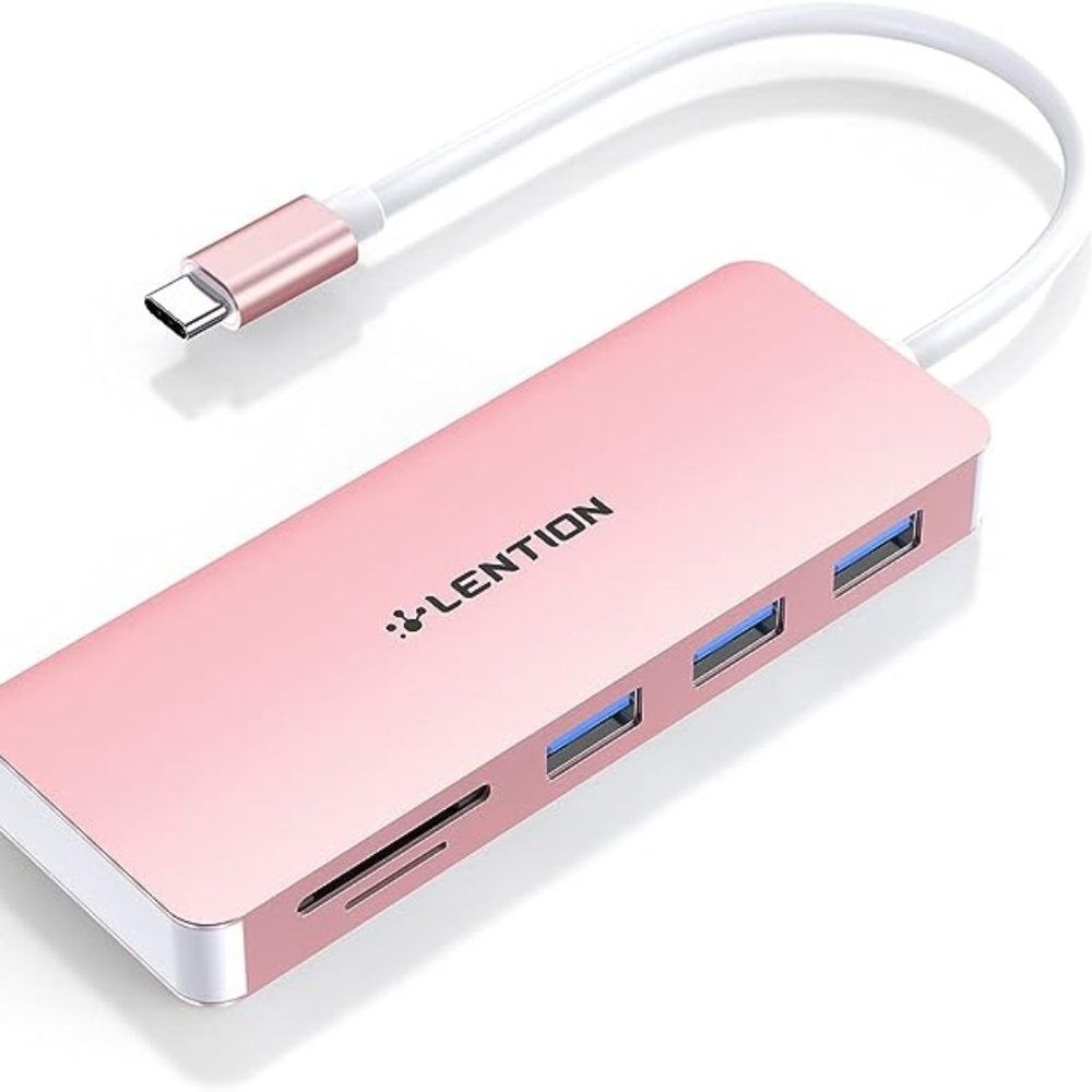 LENTION USB C Hub with 3 USB 3.0 & SD/Micro SD Card Reader Type C Adapter ( Rose